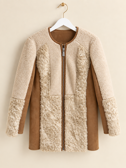 Cream Textured Faux Shearling Collarless Brown Coat