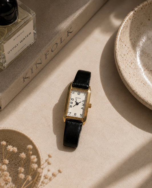 Black Strap Gold Dial Watch