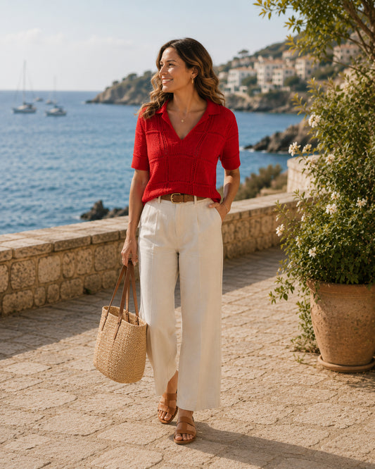 Red V-Neck Collared Top