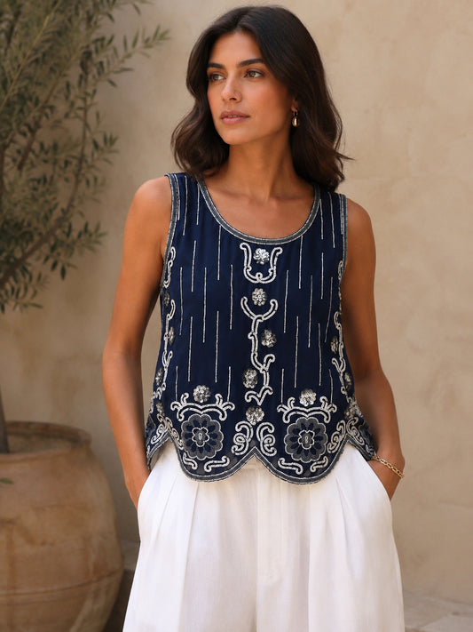 Navy Sleeveless Embroidered Top
