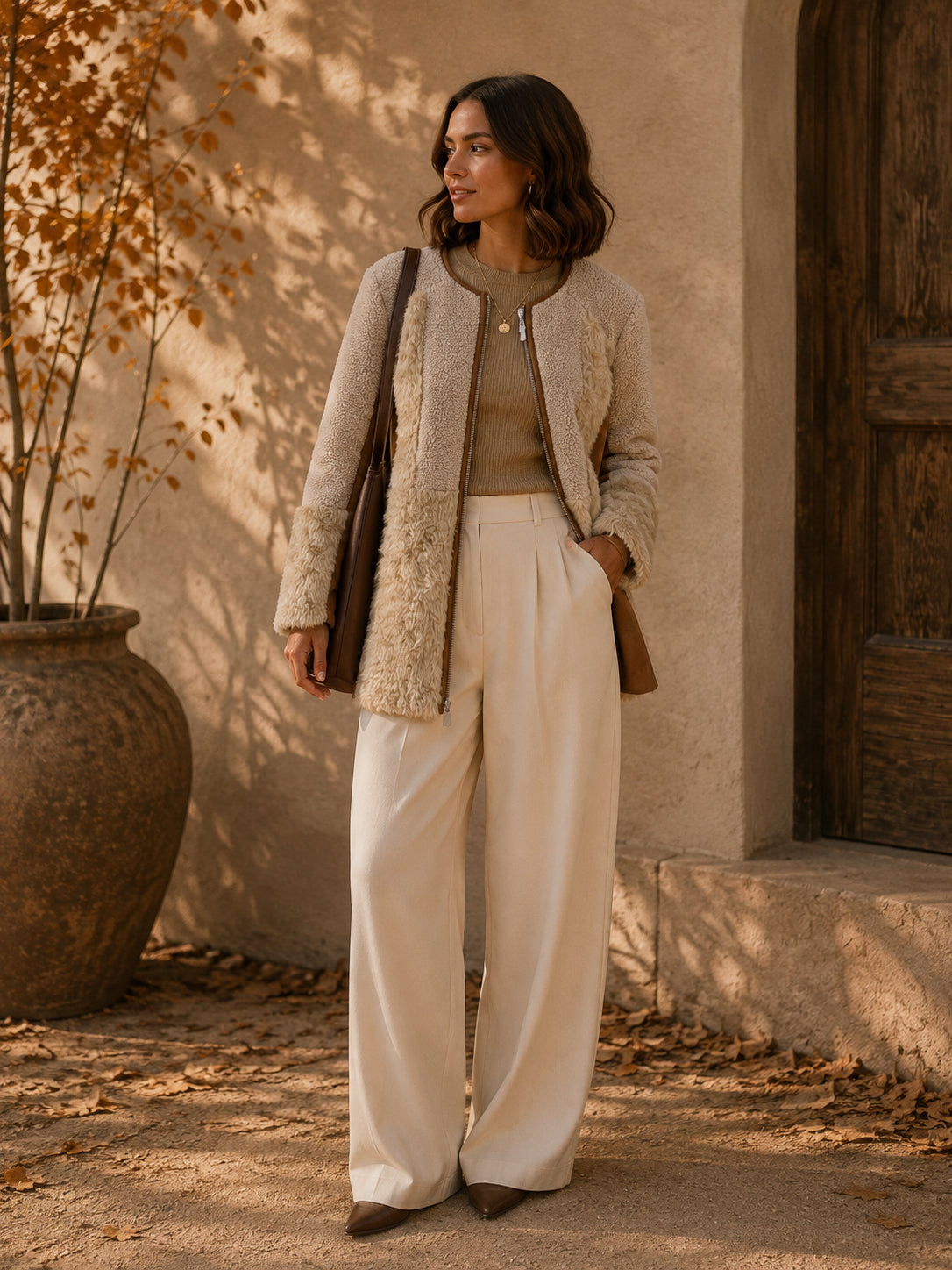 Cream Textured Faux Shearling Collarless Brown Coat
