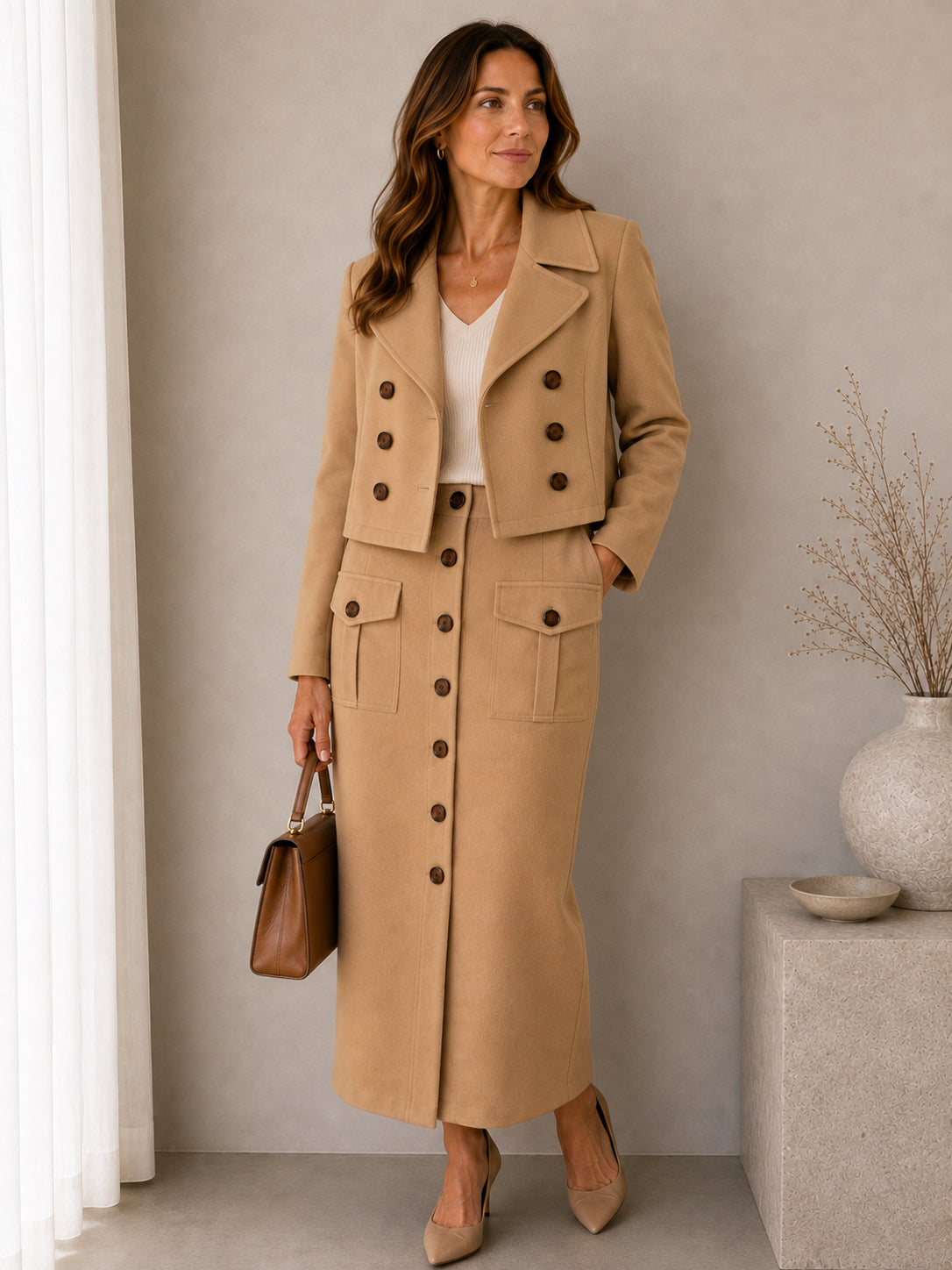 Camel Blazer & Skirt 2 Piece Set
