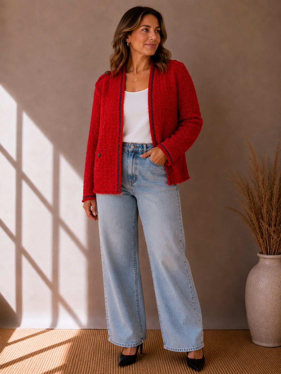 Red Textured Collarless Jacket