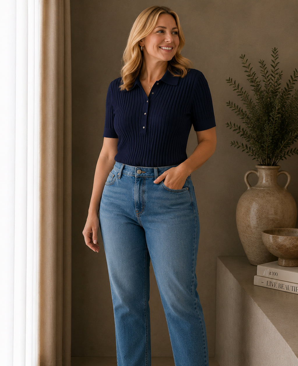 Navy Ribbed Short Sleeve Polo Top