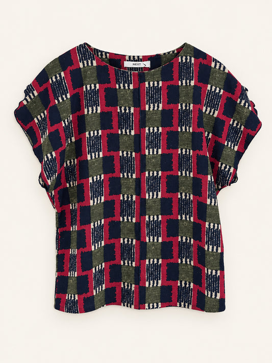 Pink, Navy & Khaki Geometric Print Blouse