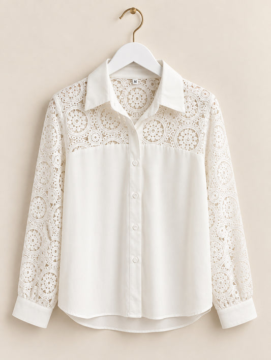 White Lace Panel Long Sleeve Blouse