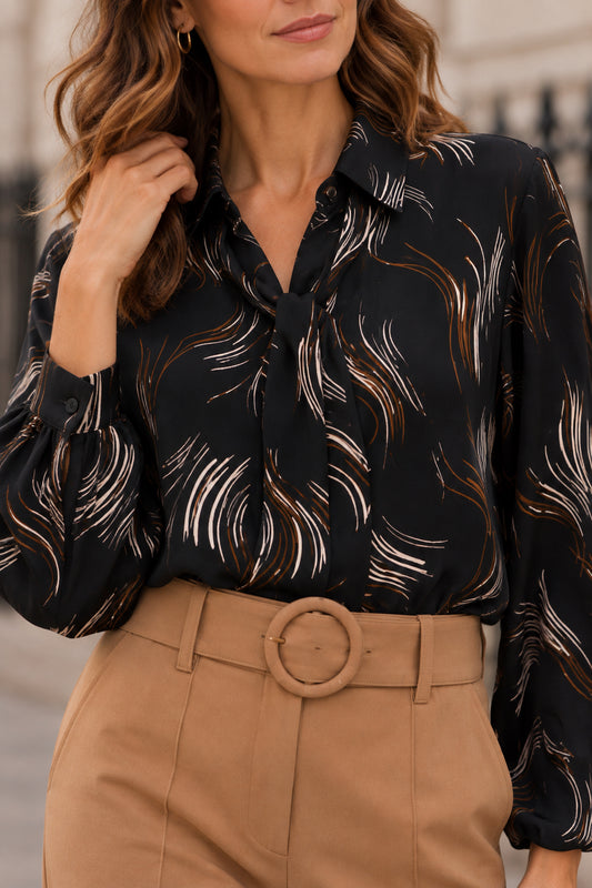 Black Abstract Print Tie Neck Blouse