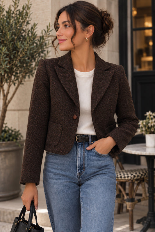 Brown Virgin Wool Blend Tailored Blazer