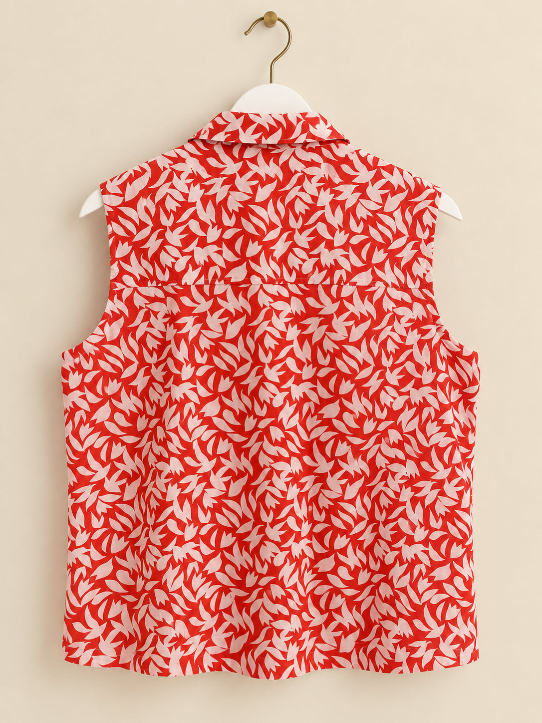 Women Red & White Leaf Print Collared Button-Up Blouse
