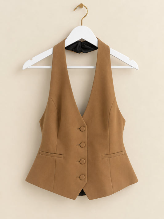 Camel Brown Halter-neck Waistcoat