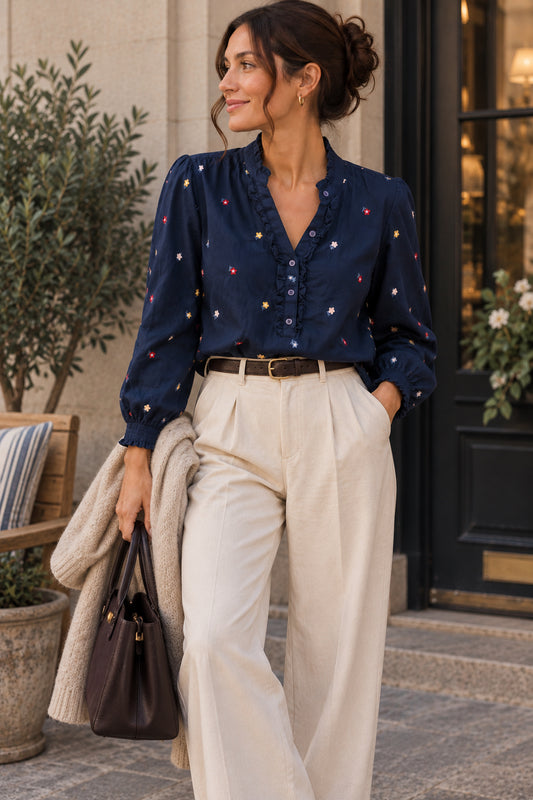 Navy Floral Collared Ruffle Button Blouse