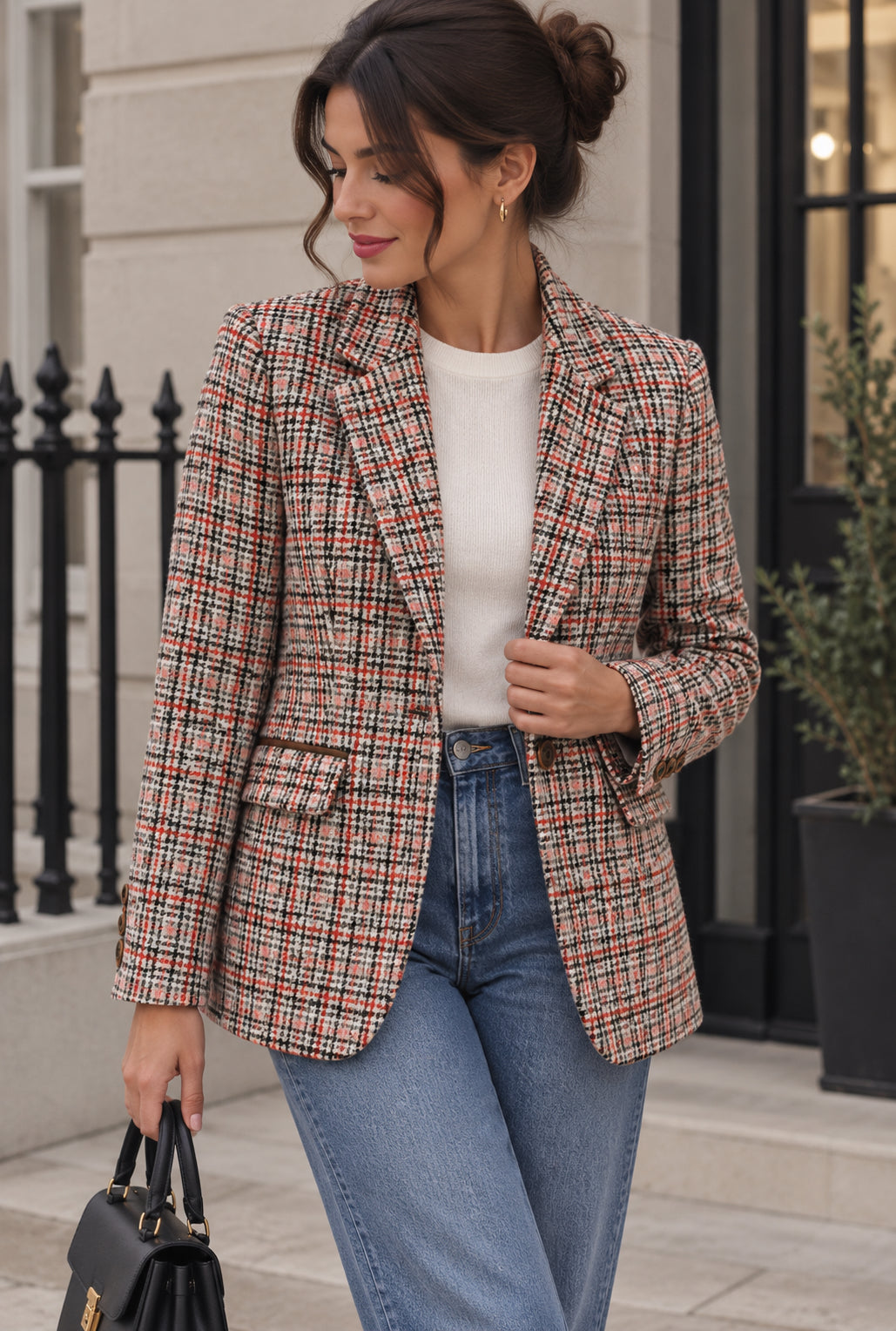 Grey, Red & Pink Check Tweed Blazer