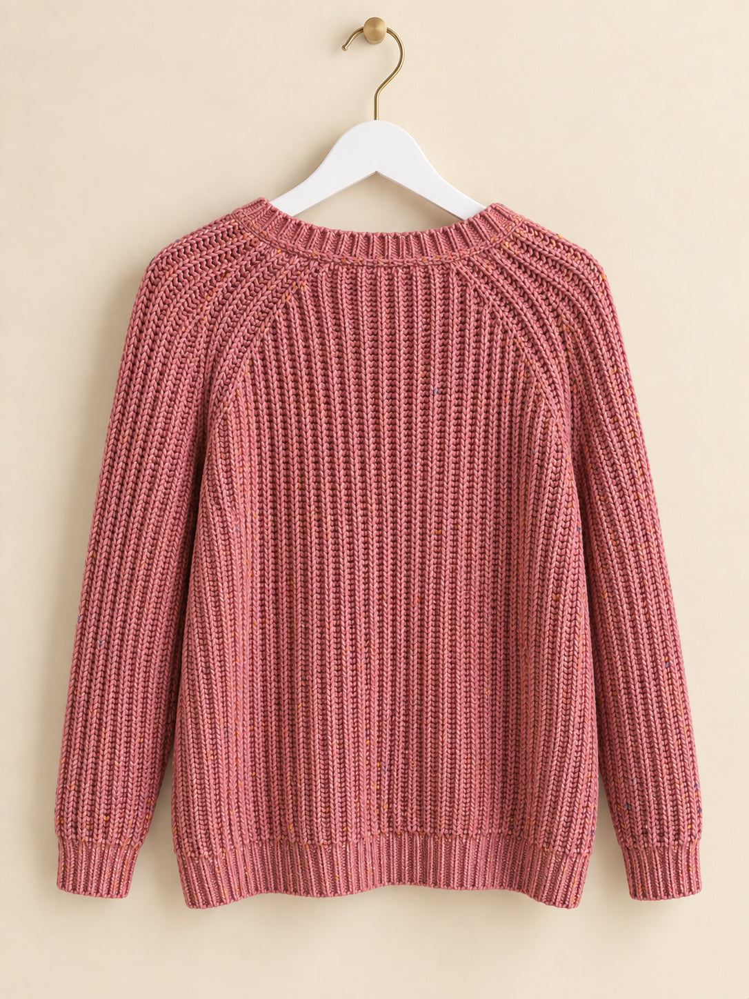 Pink Speckled Rib-Knit Crew Neck Raglan Jumper