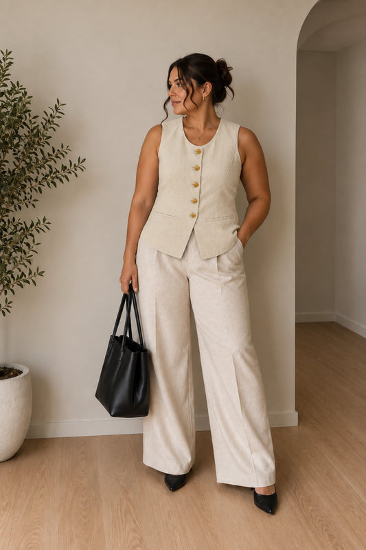 Cream Sleeveless Linen Blend Waistcoat