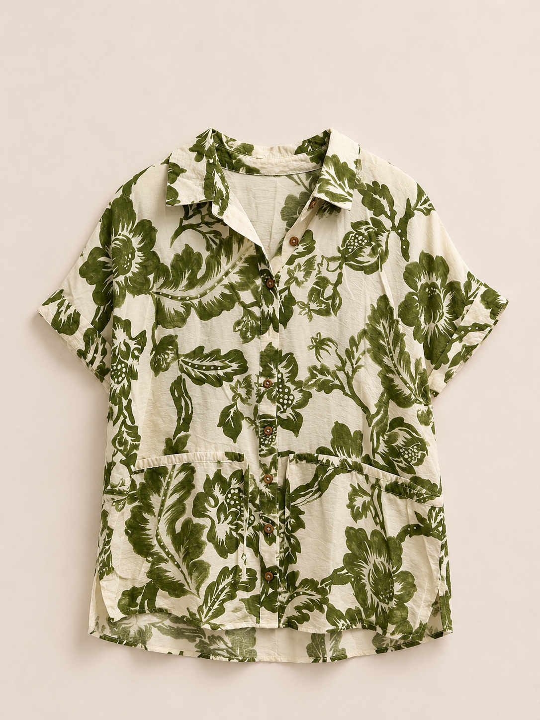Green & Cream Short Sleeved Floral Blouse