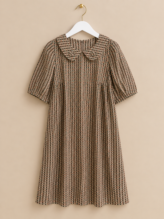 Brown Patterned Collared Dress