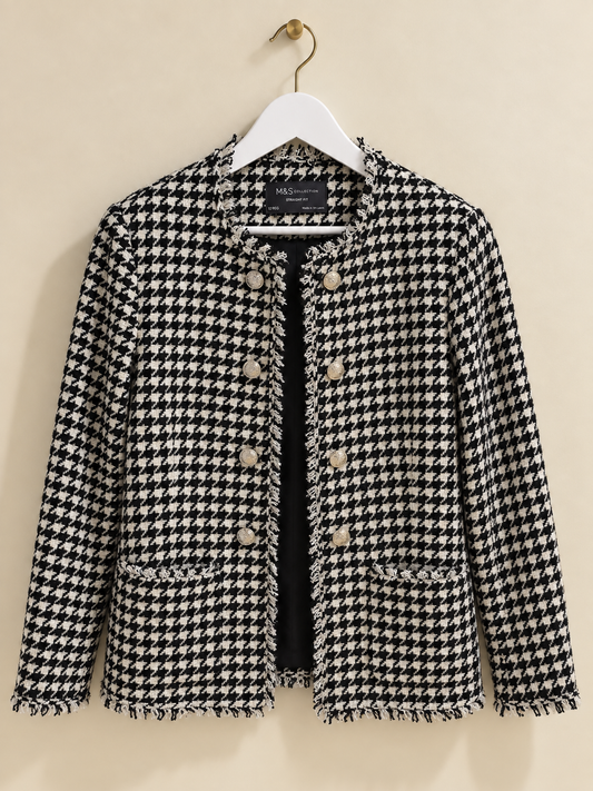 Black & White Patterned Wool Blend Blazer