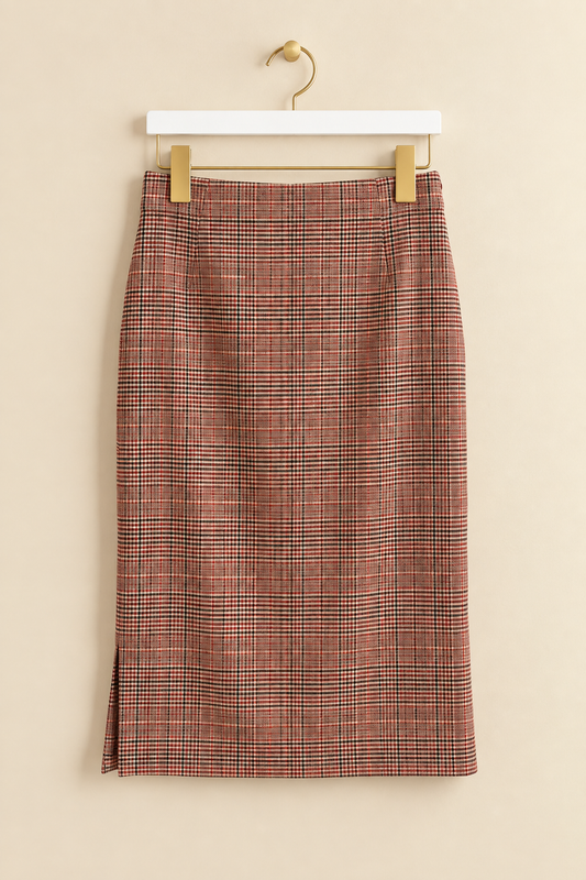 Brown & Orange Check Knee-Length Pencil Skirt