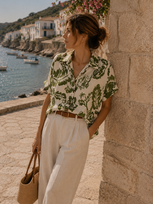 Green & Cream Short Sleeved Floral Blouse