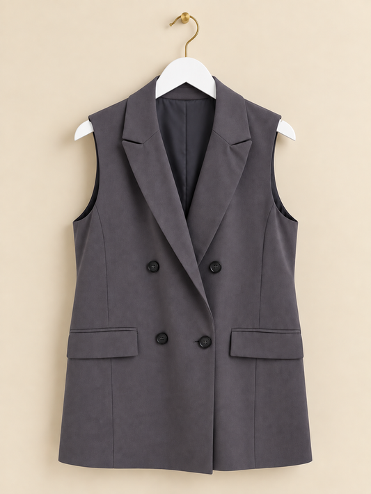 Charcoal Grey Double-Breasted Longline Sleeveless Blazer