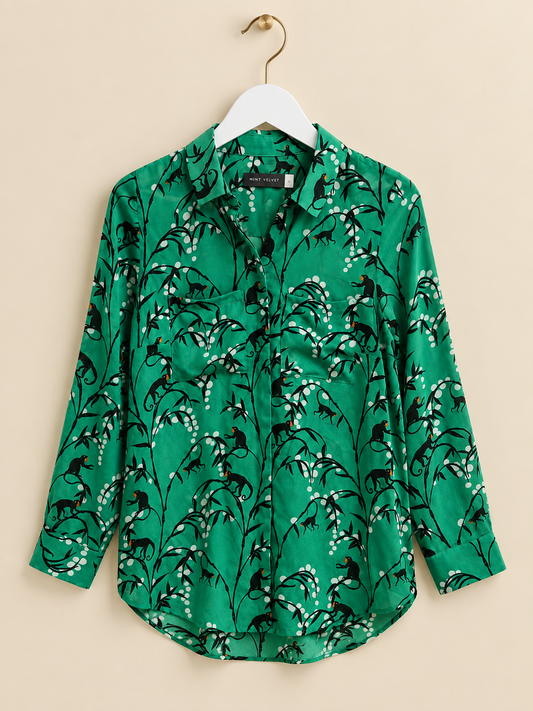 Green Monkey Print Collared Blouse