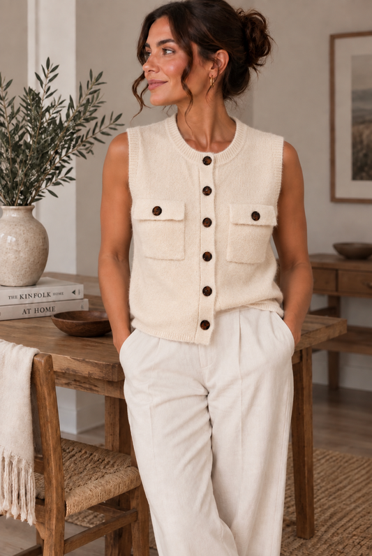 Cream Sleeveless Cardigan
