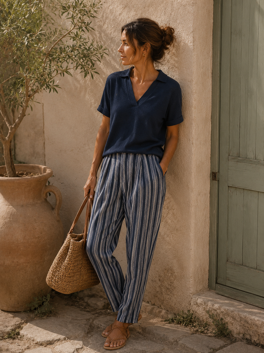Blue Striped Linen Blend Trousers