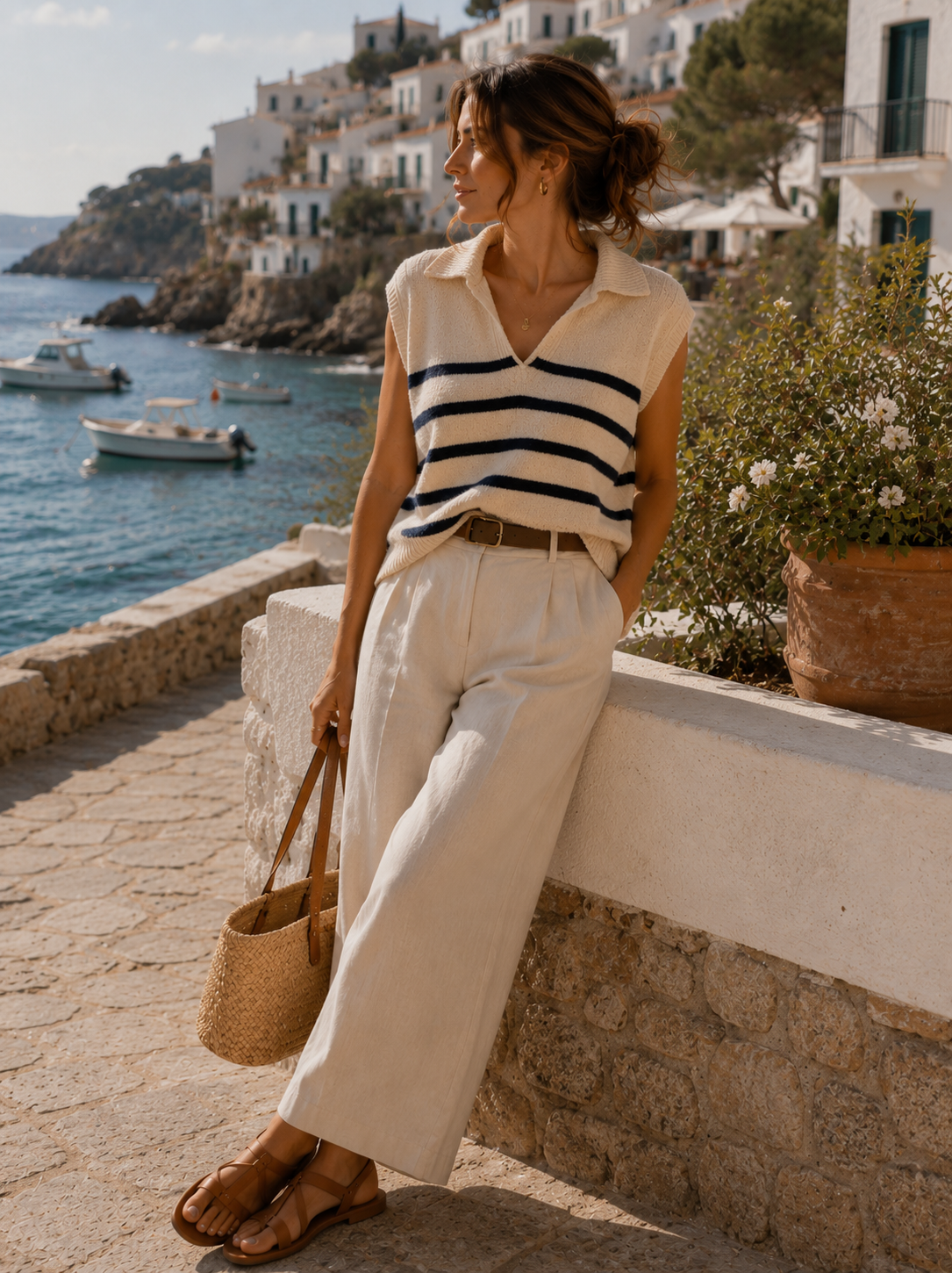 Cream & Navy Sleeveless Vest Jumper