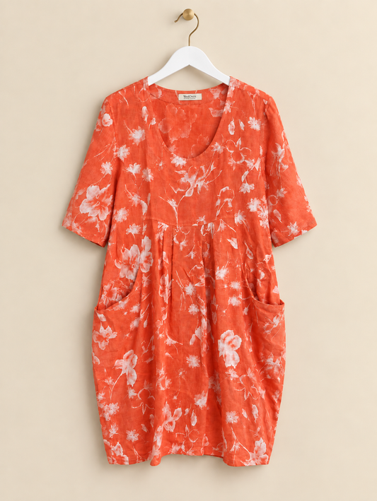 Coral Floral 100% Linen Dress