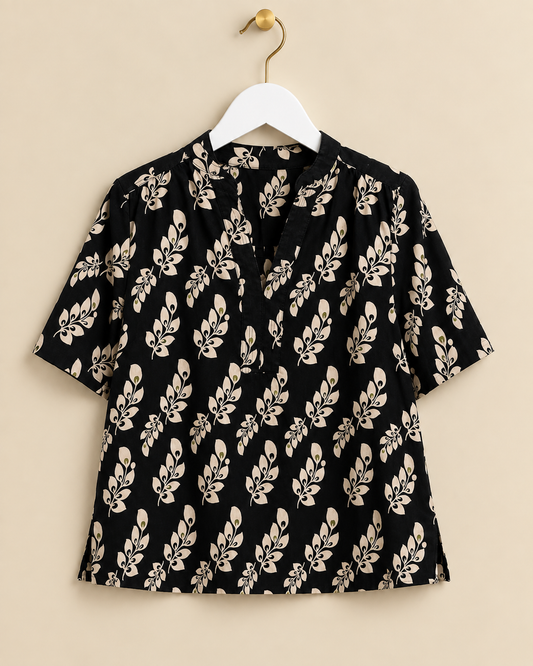 Black Floral 100% Linen Top