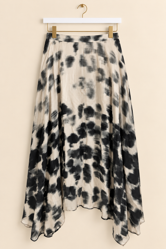 Cream & Black Abstract Print Handkerchief Midi Skirt