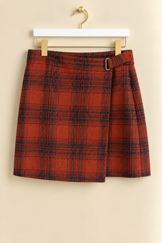 Orange Tartan Wool Blend Skirt