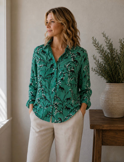 Green Monkey Print Collared Blouse