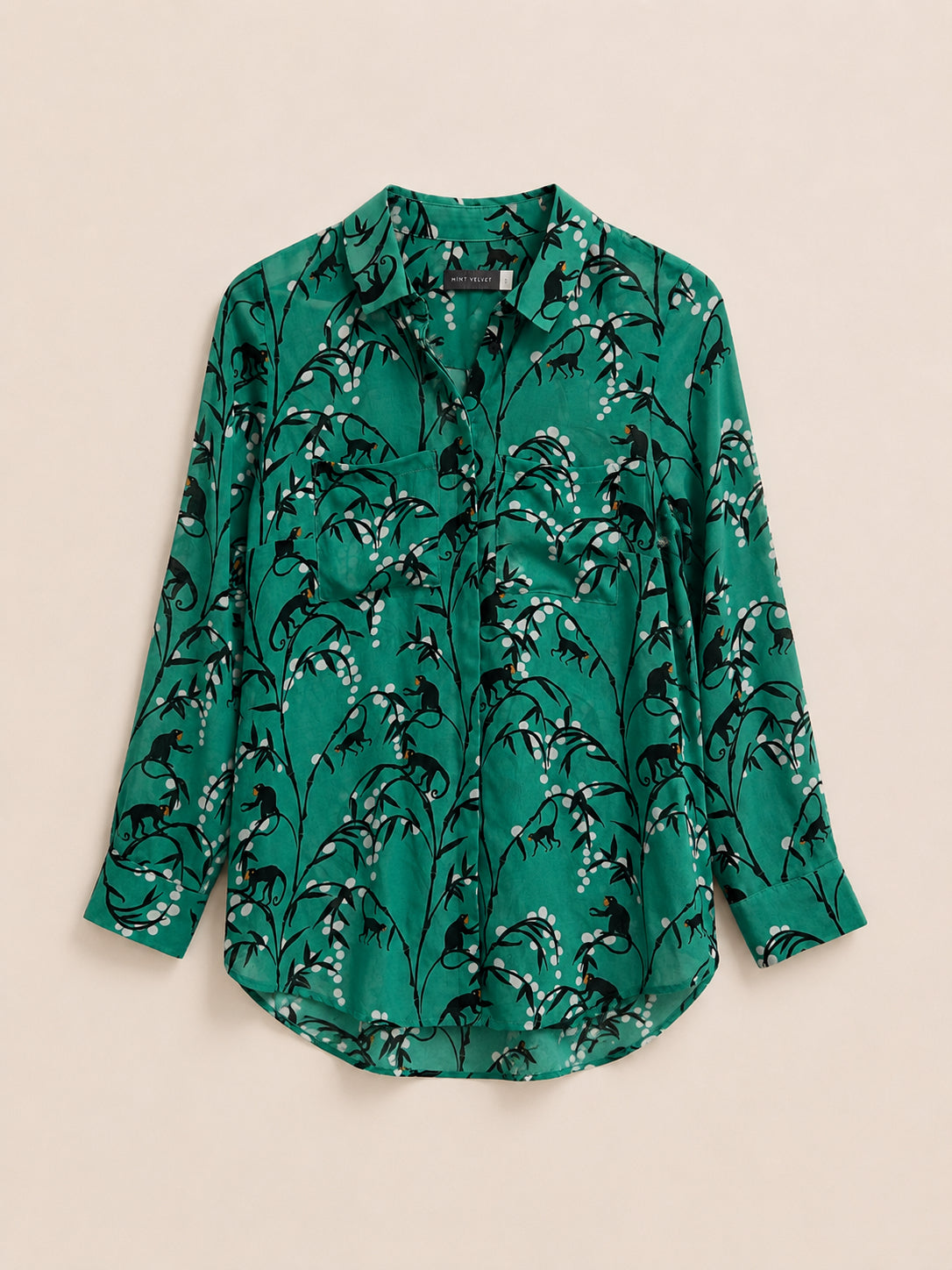 Green Monkey Print Collared Blouse