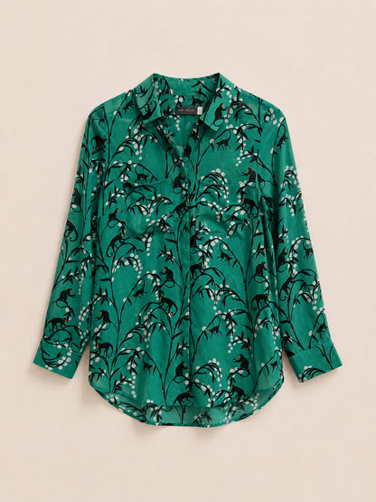 Green Monkey Print Collared Blouse
