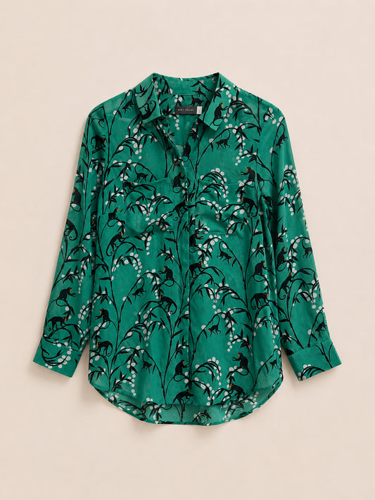 Green Monkey Print Collared Blouse