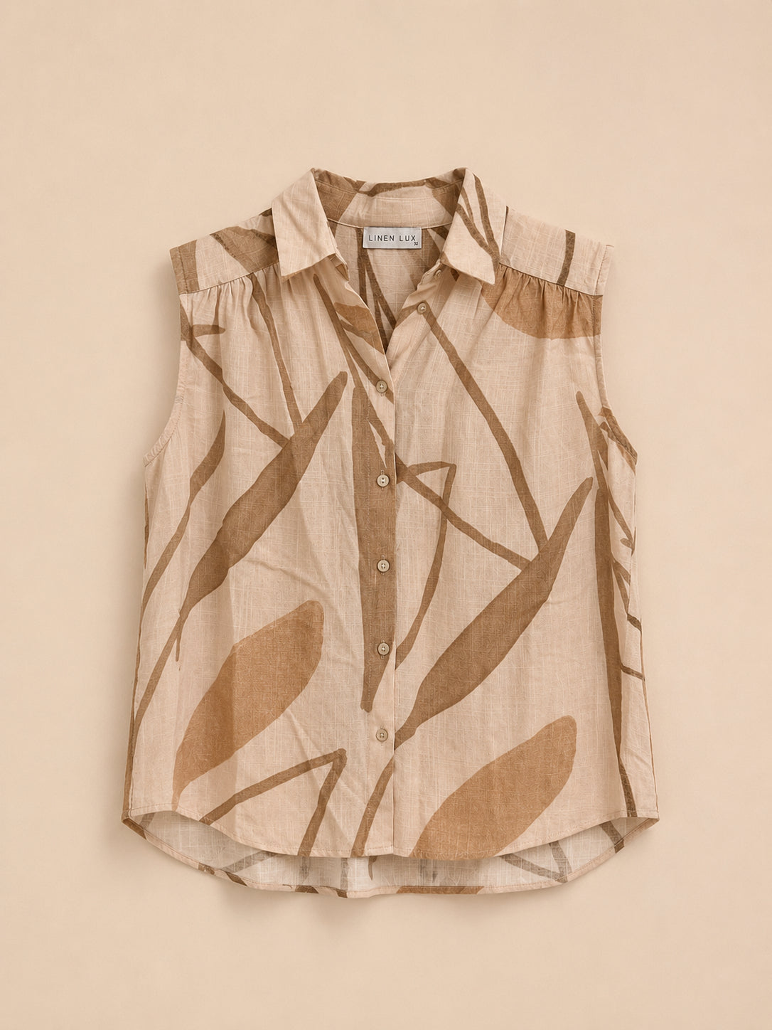 Beige Patterned Linen Blend Blouse