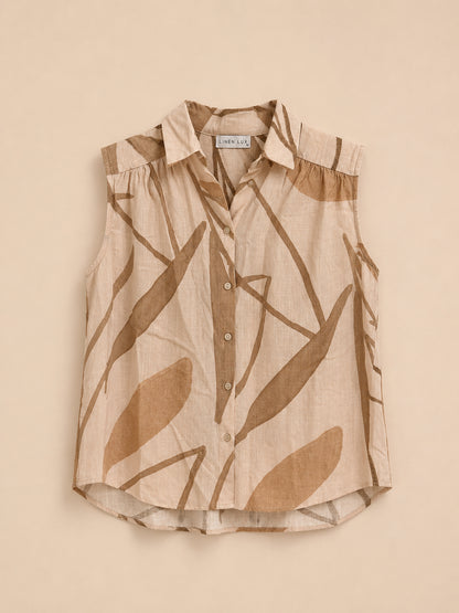 Beige Patterned Linen Blend Blouse