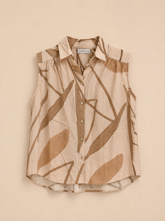 Beige Patterned Linen Blend Blouse