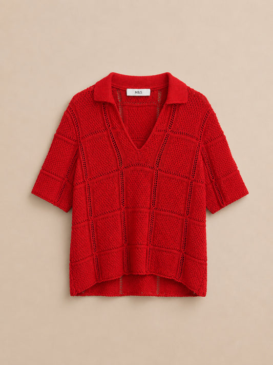 Red V-Neck Collared Top