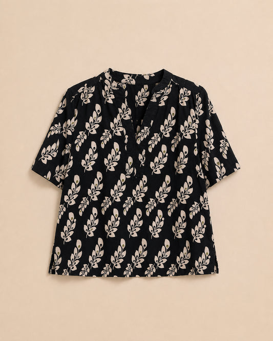 Black Floral 100% Linen Top