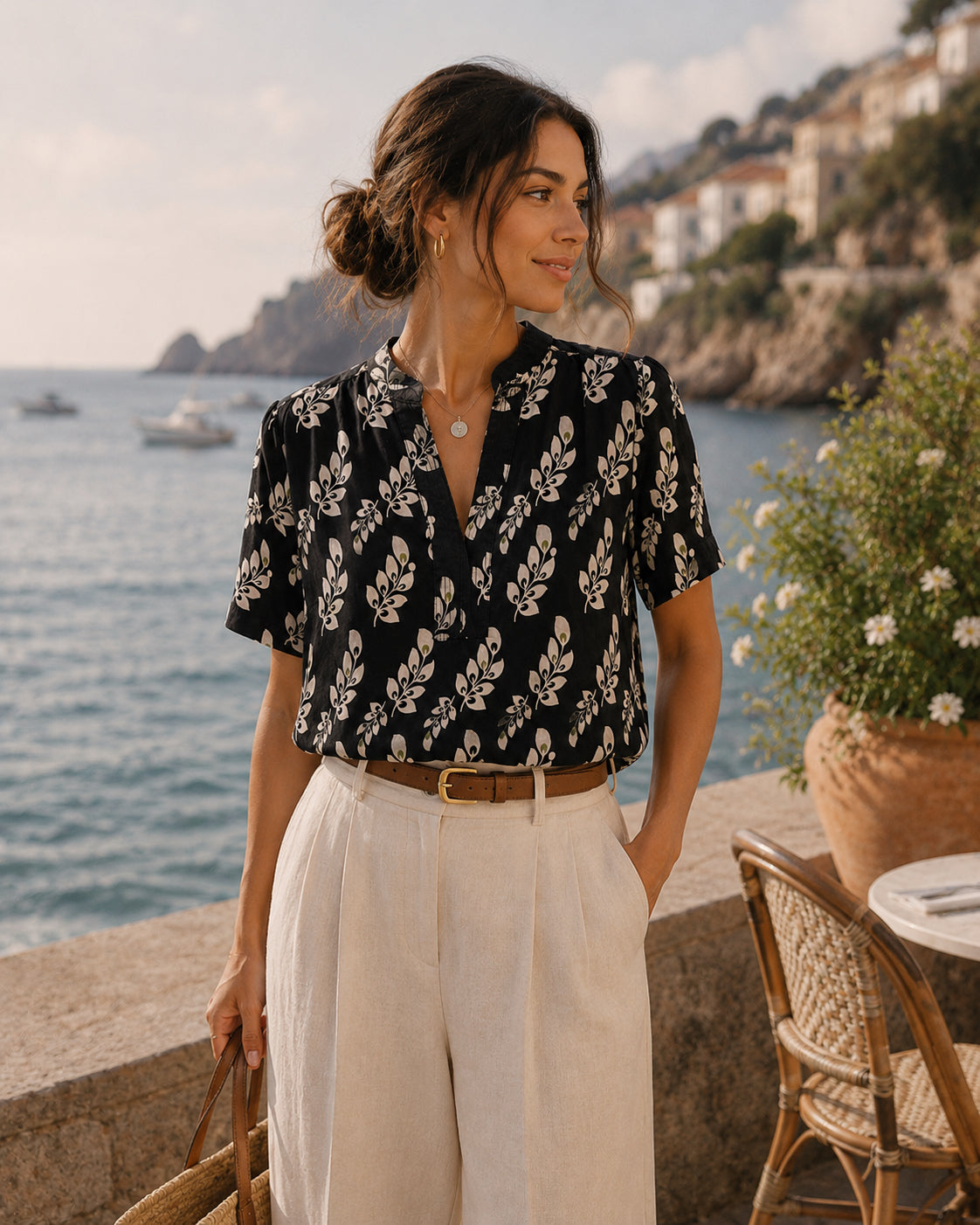 Black Floral 100% Linen Top