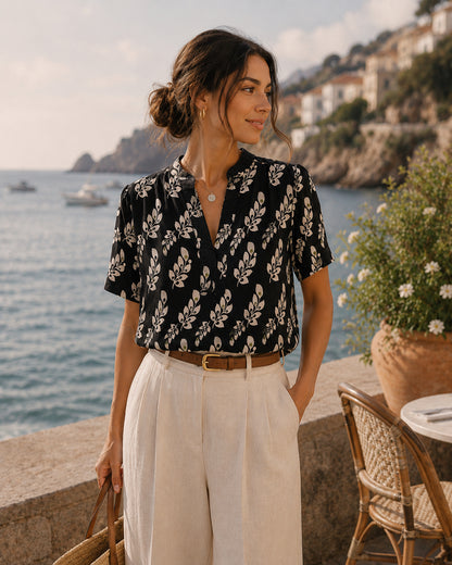 Black Floral 100% Linen Top