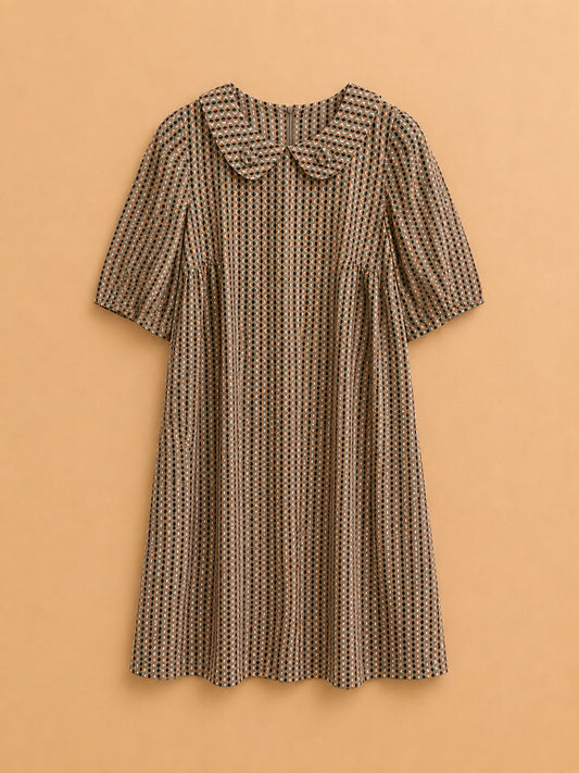 Brown Patterned Collared Dress