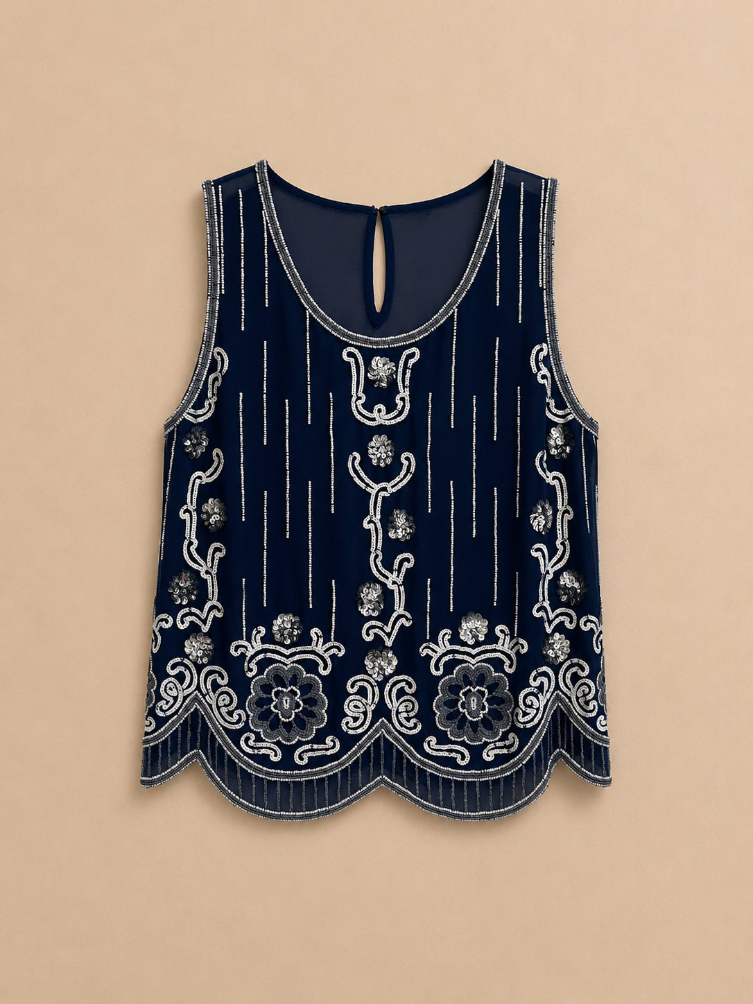 Navy Sleeveless Embroidered Top
