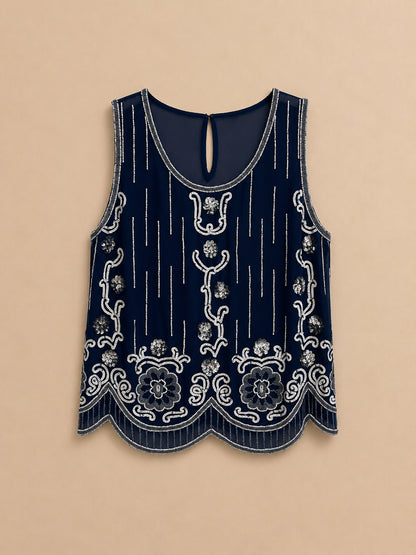 Navy Sleeveless Embroidered Top