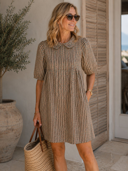 Brown Patterned Collared Dress