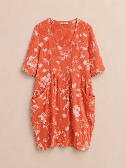 Coral Floral 100% Linen Dress
