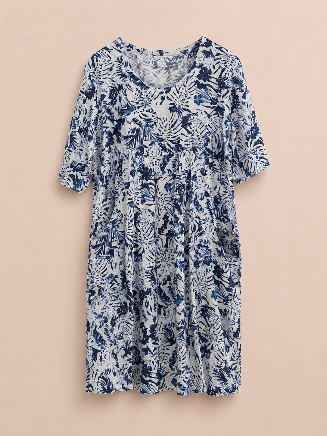 Blue Floral 100% Linen Dress