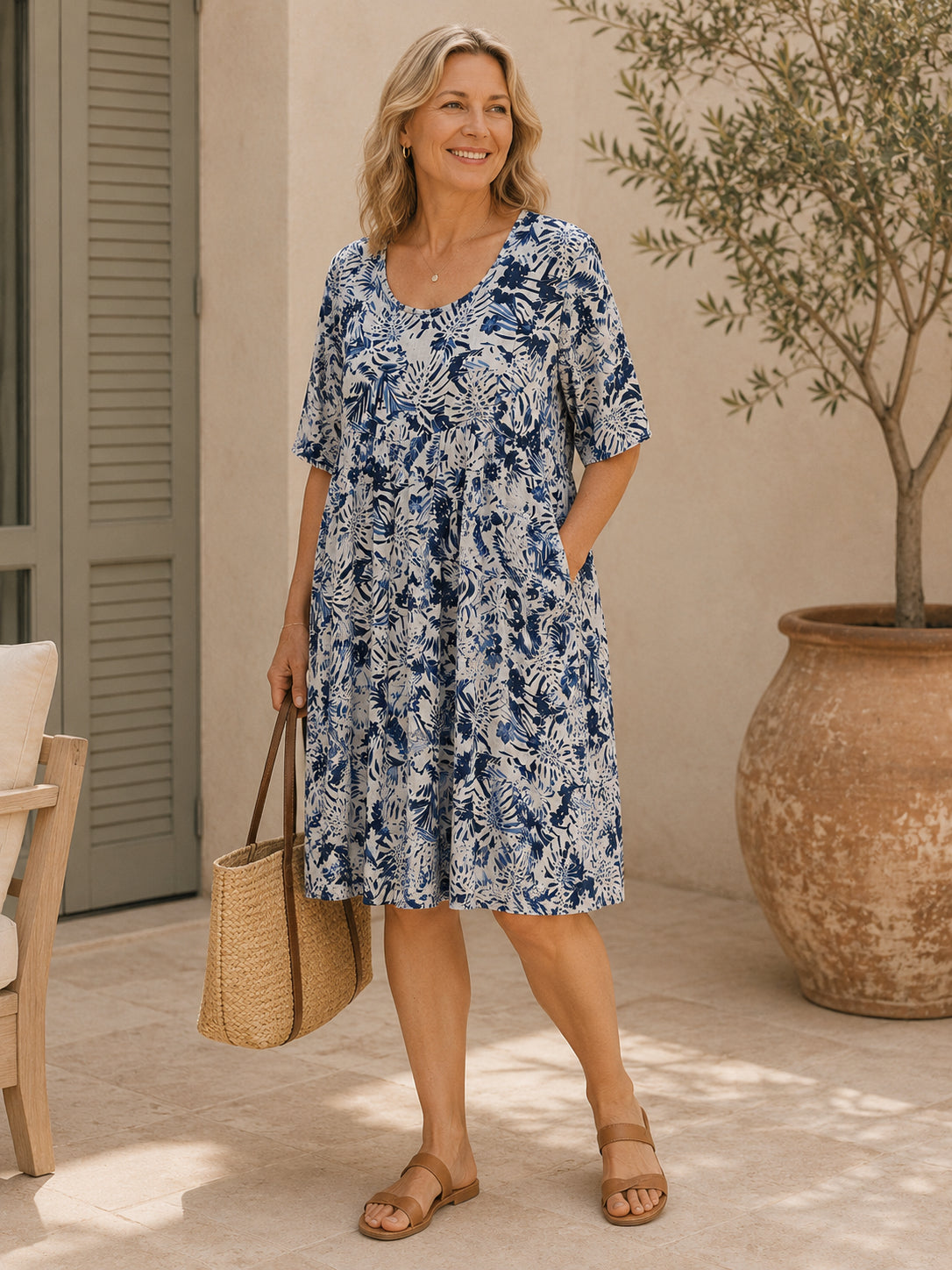 Blue Floral 100% Linen Dress